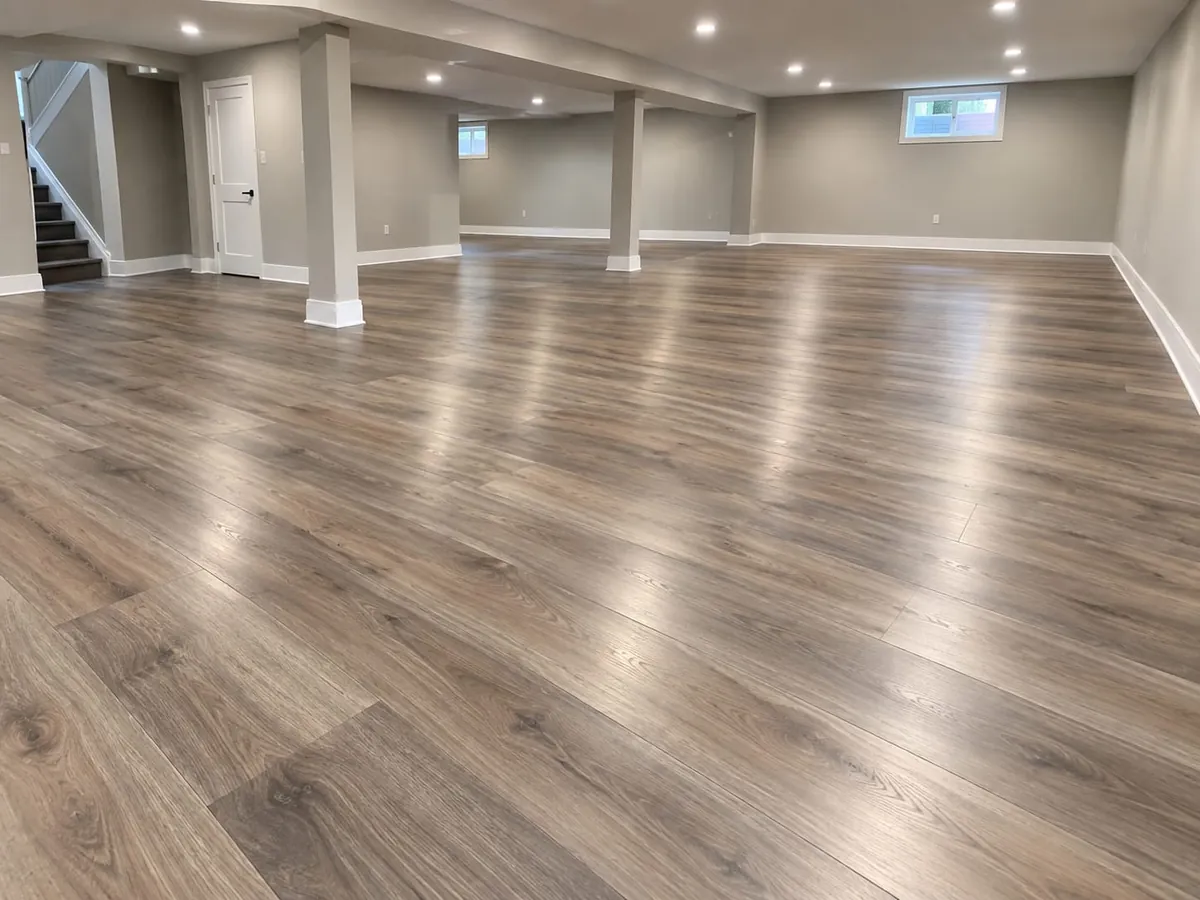 The same basement after new laminate flooring